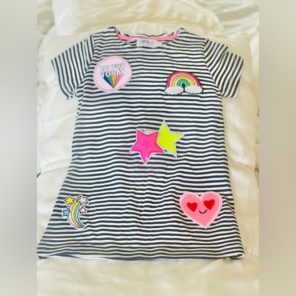 Lola + The Boys Black & White Striped Tee with Neon Patches